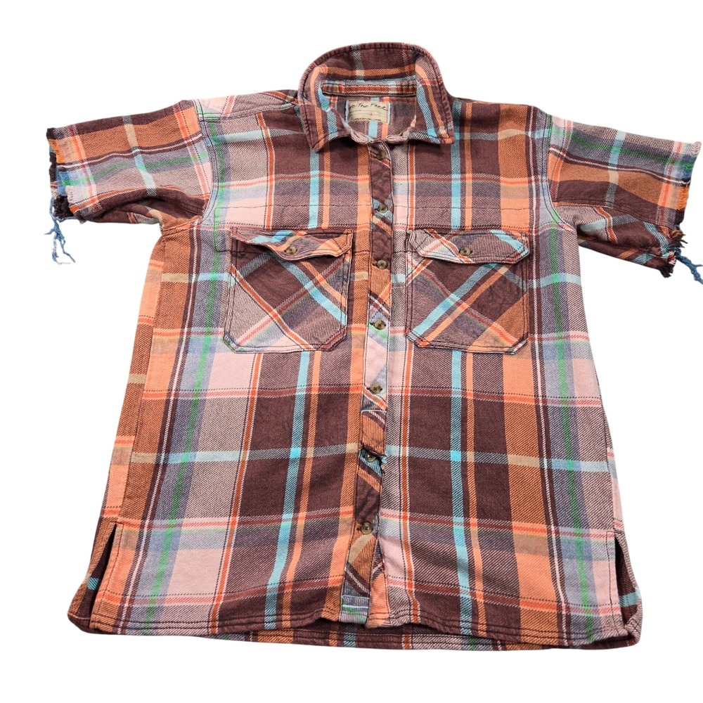 We The Free Flannel Shirt Womens Large Brown Orange Plaid Short Sleeve OB1801403